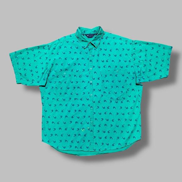 Vintage Columbia Shirt Marlin Swordfish Fishing Button Up 90s Cotton Green Large - Picture 1 of 7